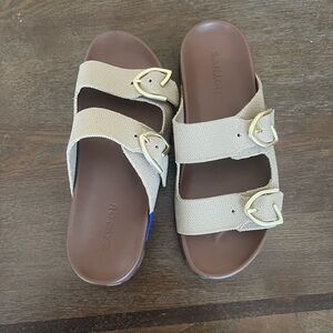 Rothy's Beige Canvas Double-Buckle Slide Sandals